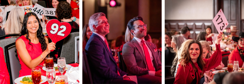 3 photos from the 2025 Tarrant County Go Red for Women Event (left) Woman raising paddle 92 to the camera (middle) two men smiling at the stage (right) a woman in red holding up paddle 173